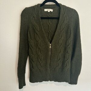 LOFT Women's Dark Green Cable Knit Zip Up Cardigan